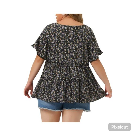 Agnes Orinda 2X Summer Boho Floral V Neck Ruffle Sleeves Tiered Babydoll Top - Picture 1 of 8